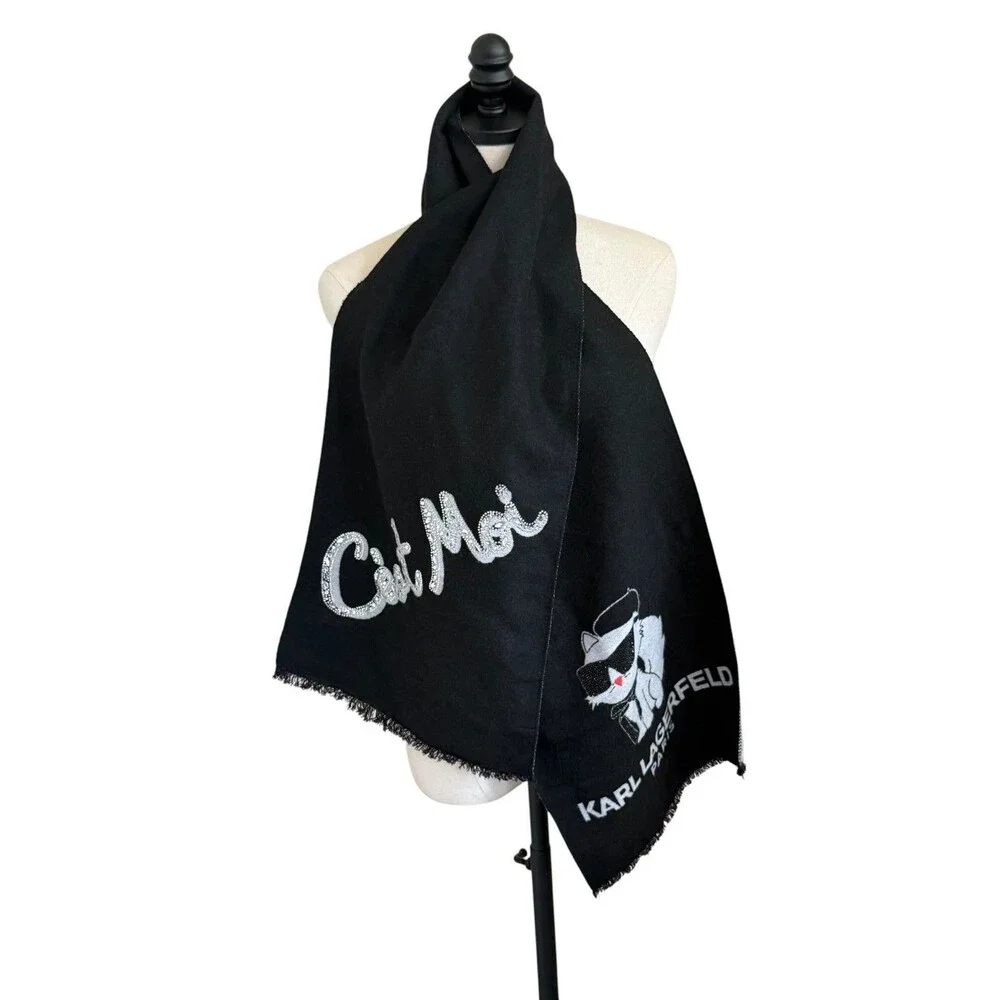 Karl Lagerfeld Paris Black Cat Moi Rhinestone Logo Fringe Scarf Wrap Shawl